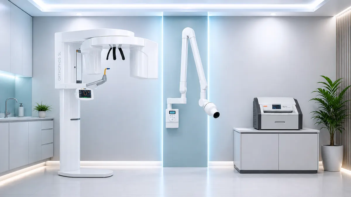 Sala de exames da RadioImagem com panorâmico, raio-x intraoral e processadora de imagem